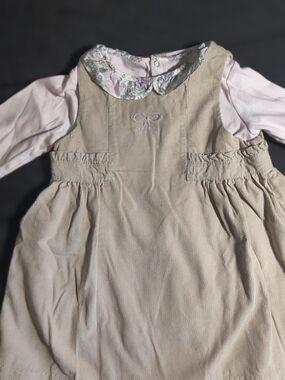 Jacadi Beige Corduroy Jumper Dress with Pink Trim